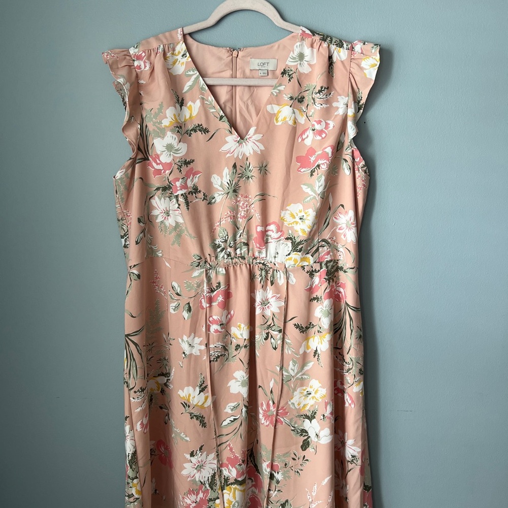 LOFT Pink Floral V-Neck Flutter Sleeve Midi Dress